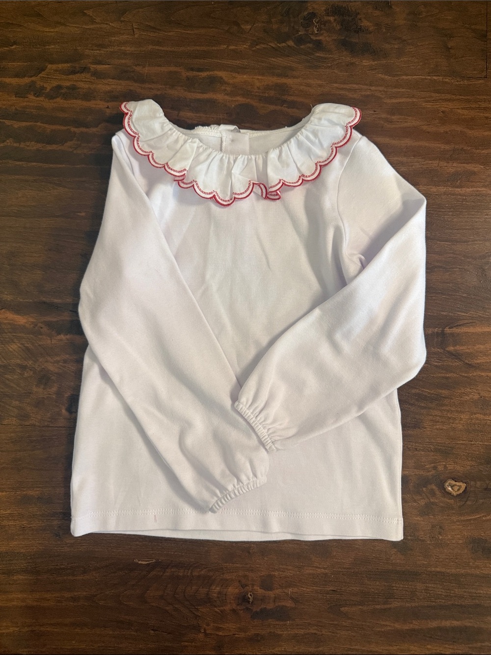 Little English White Long-Sleeve Top with Pink Scalloped Ruffle Collar